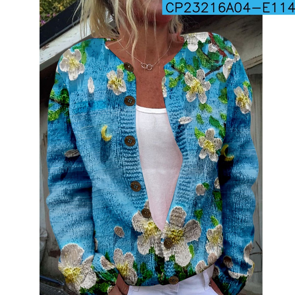 New Women's Autumn And Winter Style Loose 3D Printed Knitted Cardigan Sweater