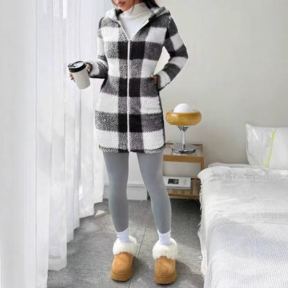Women's Casual Plaid Printed Double-sided Plush Hooded Zipper Jacket