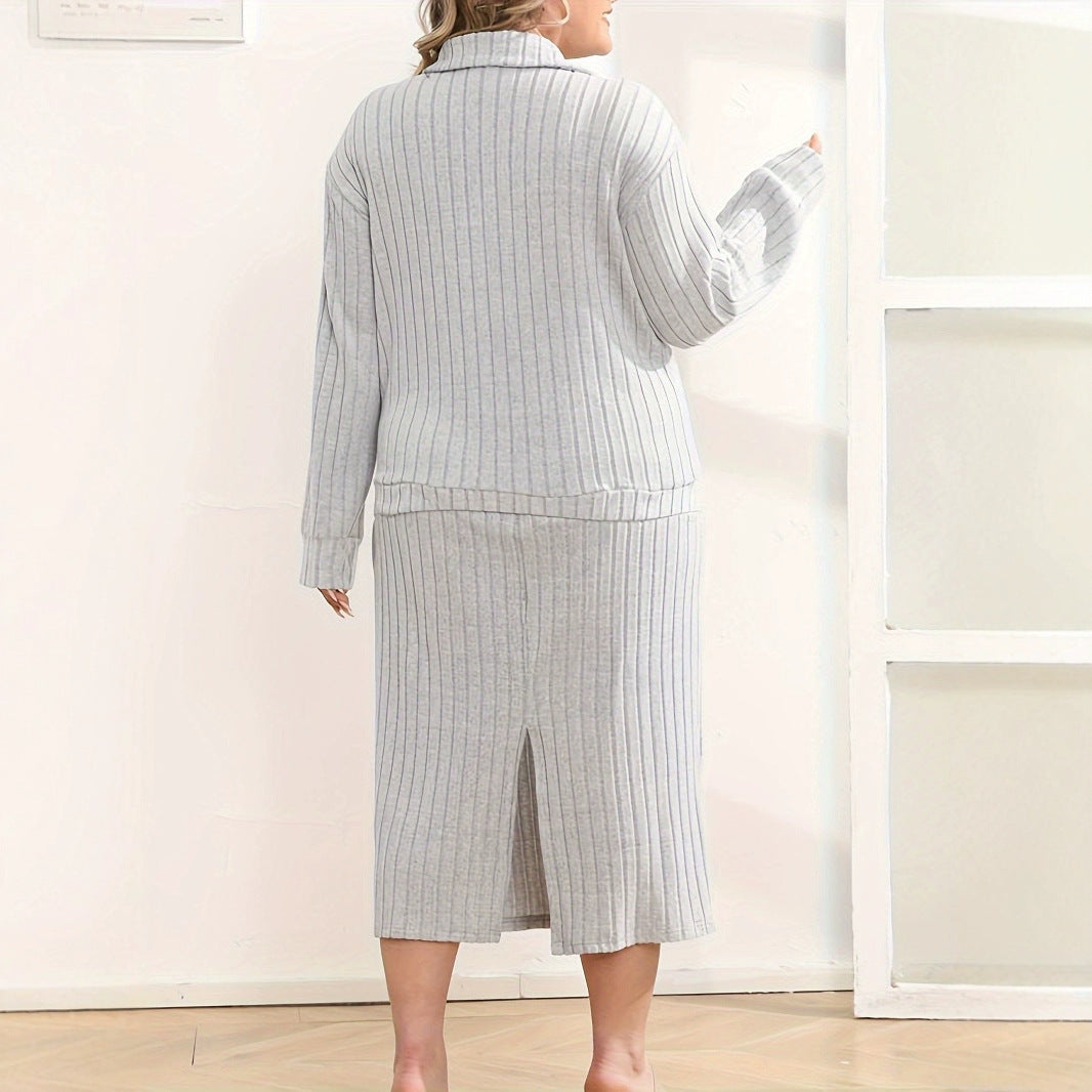 Melange Gray V-neck Casual Knitted Skirt Suit