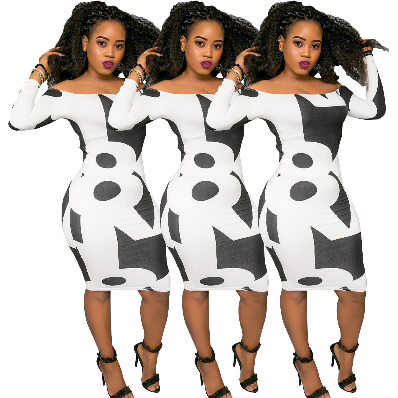 Long Sleeve Off-shoulder Geometric Print Dress