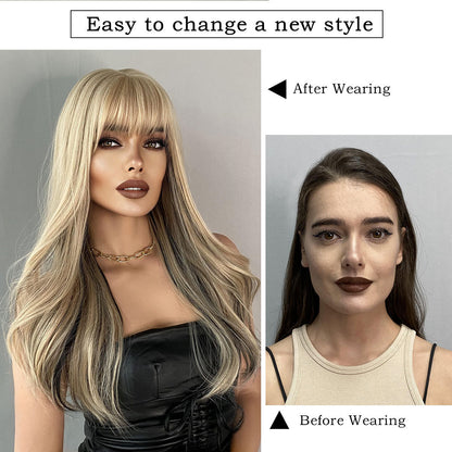 Long Wavy Curly Black Blonde Highlights Synthetic Mixed Wig Head Cover