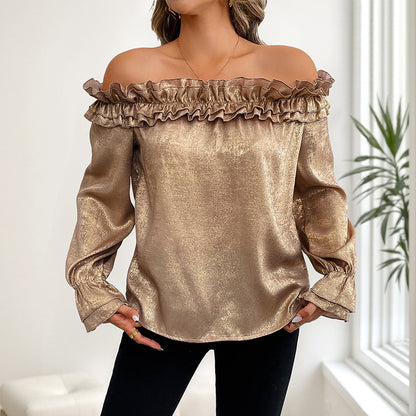Off-shoulder Long Sleeve Golden Shirt For Women Autumn