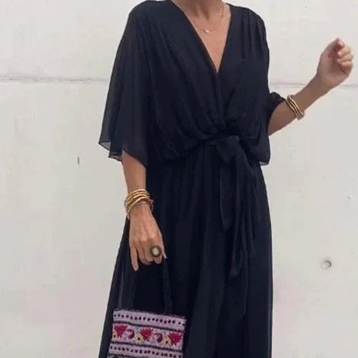 Pure Color Tied Long Dress Batwing Sleeve Irregular Dress Plus Size