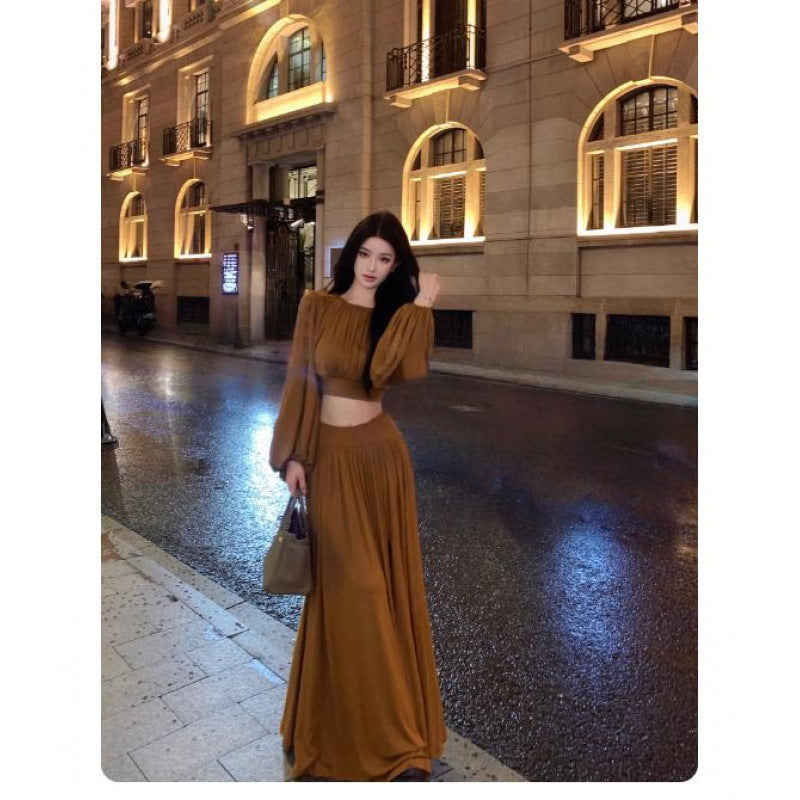 Batwing Sleeve Round Neck Top Pleating Split Skirt Suit