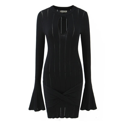 Female Solid Color Hollow Out Hip Bag Trumpet Sleeve Knitted Dress