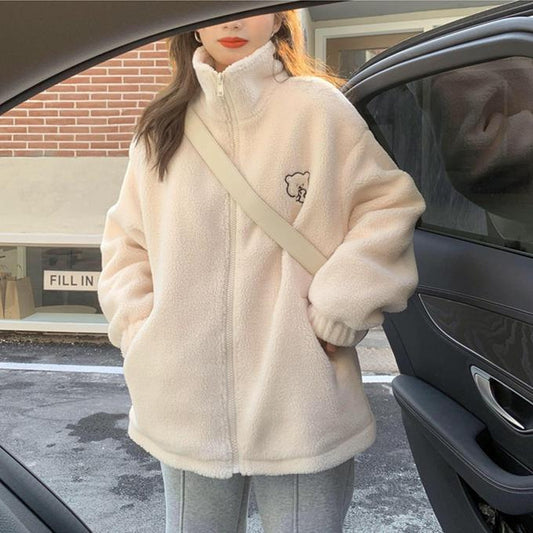 Loose Lapel Lamb Wool Coat For Women Thickened Western Style Cute Bear Plush Top