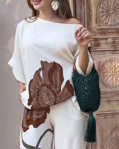 Loose Printed Top Straight-leg Pants Casual Fashion Set