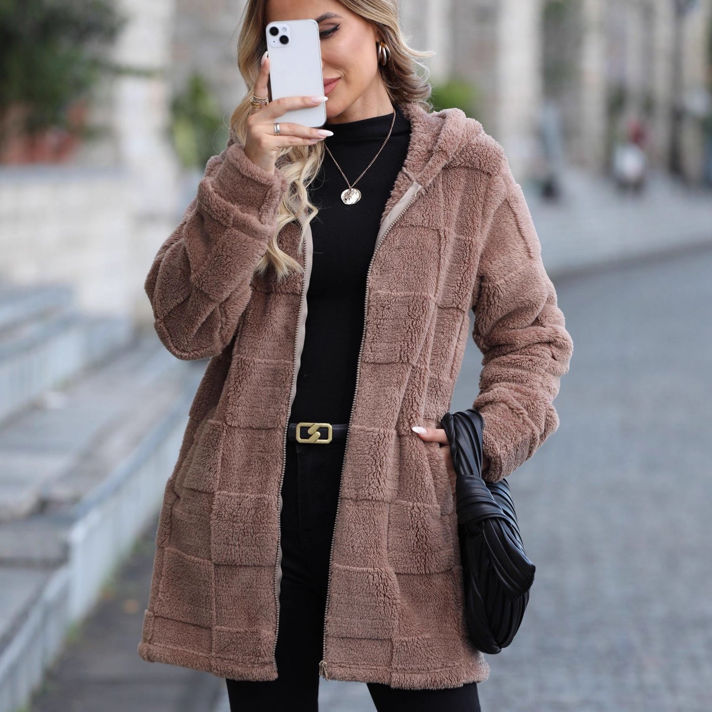 Hooded Long Cardigan Plush Coat