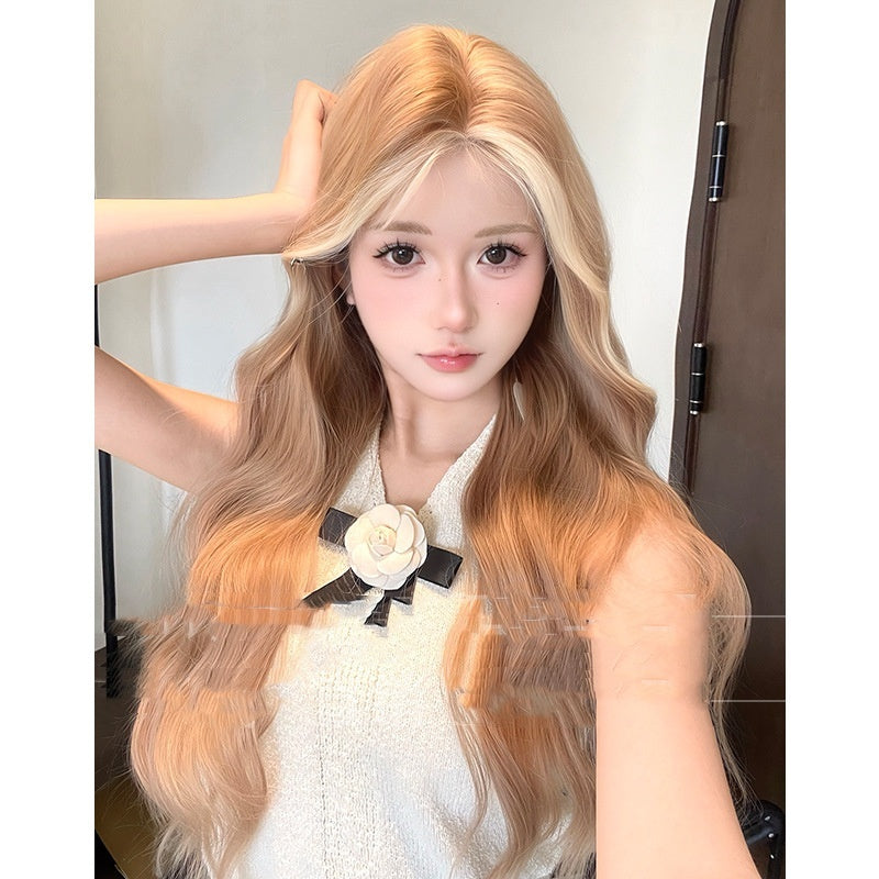 One-word Lace Long Curly Hair Natural Full-head Wig