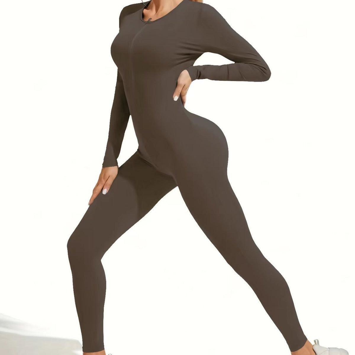 Women's Solid Color Zipper Slim Fit Yoga Bodysuit High Elastic Running Sport Long Sleeve One-piece Sportswear