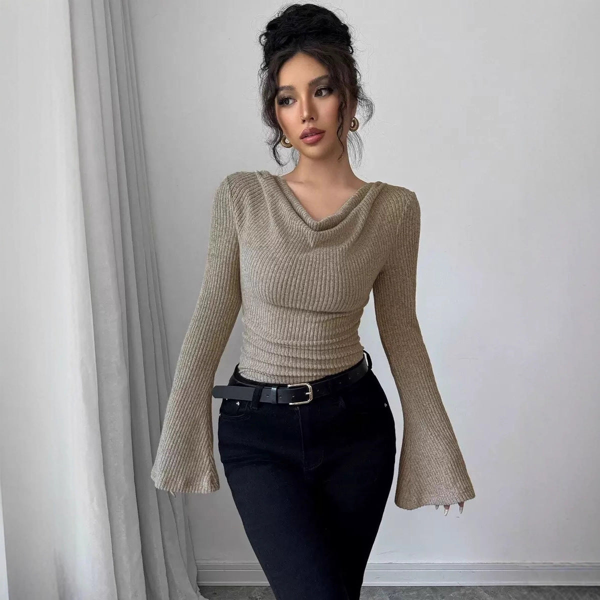 Ribbing Bottoming Sweater Off-the-shoulder Slim Knit Long-sleeved Top