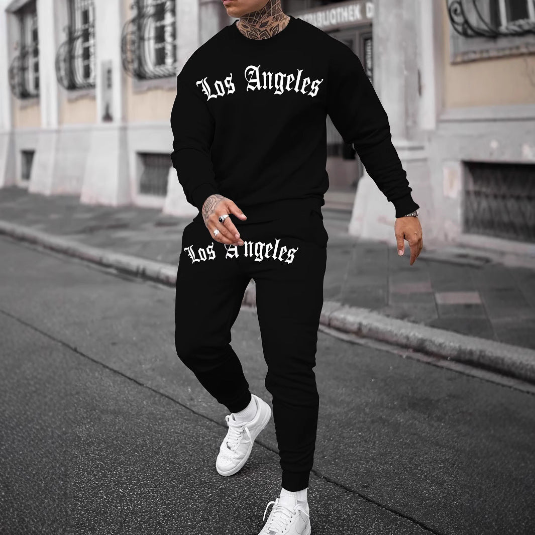 Sports Men's Clothing Casual Retro Digital Printed Round Neck Sweater Suit