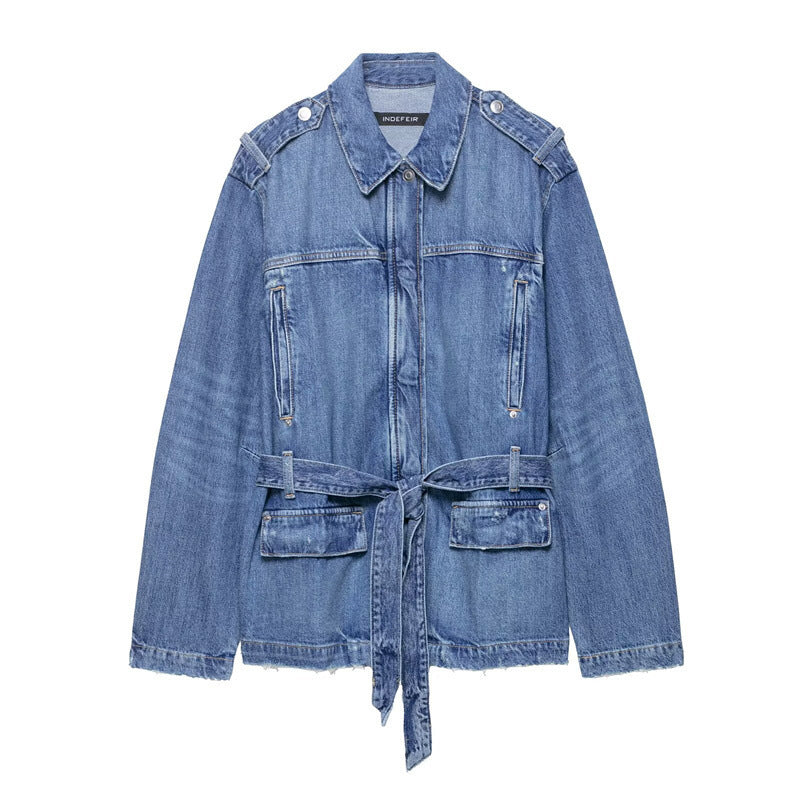Long Denim Jacket Coat Loose High Waist Curl Jeans