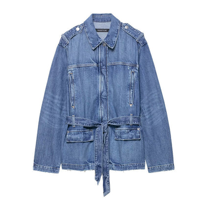 Long Denim Jacket Coat Loose High Waist Curl Jeans