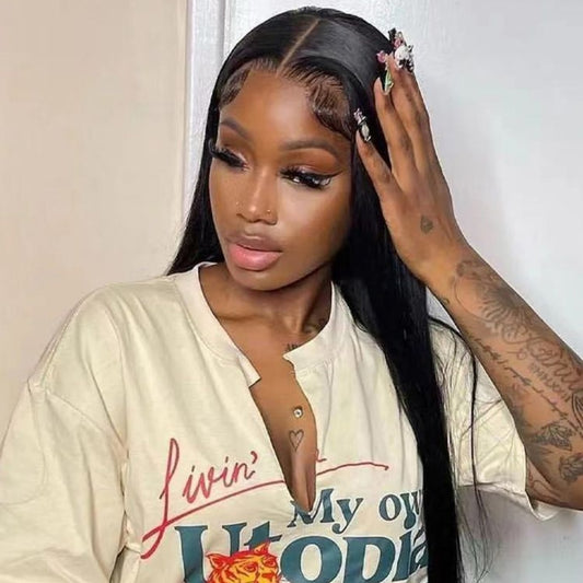 Black Medium Long Straight Hair Chemical Fiber T-shaped Front Lace Wig