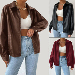 PU Leather Coat Retro Biker's Long Sleeve Zipper Lapel Jacket