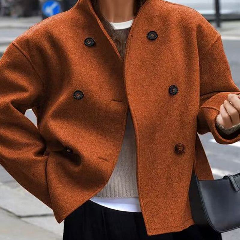 Women's Casual Double Breasted Solid Color Woolen Overcoat Coat