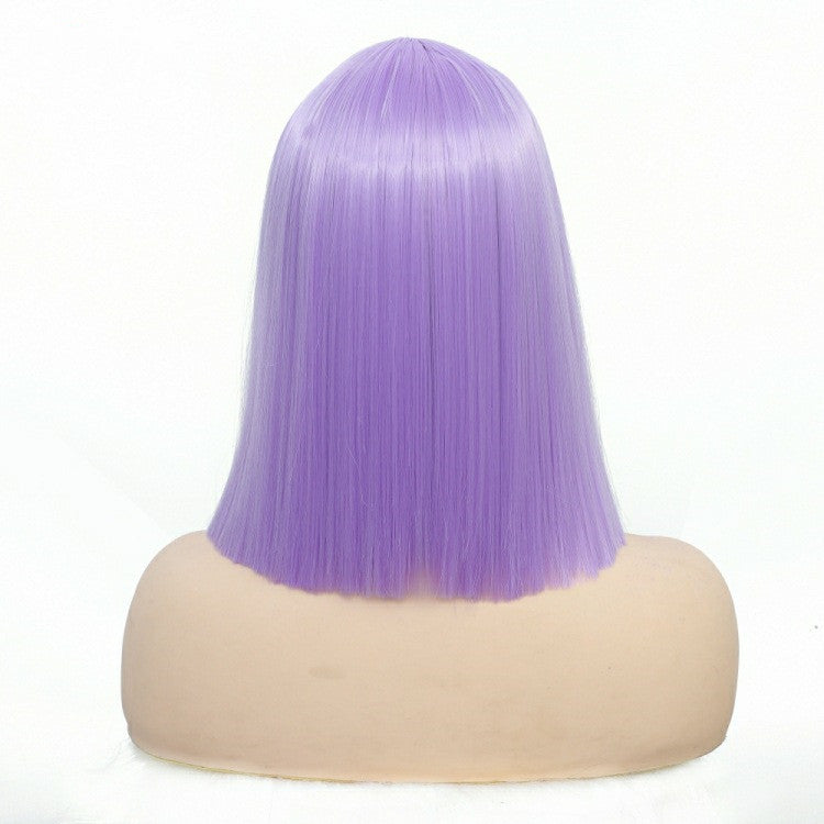 Purple Shoulder Length Bobo Straight Synthetic Fiber Wig Head Cover