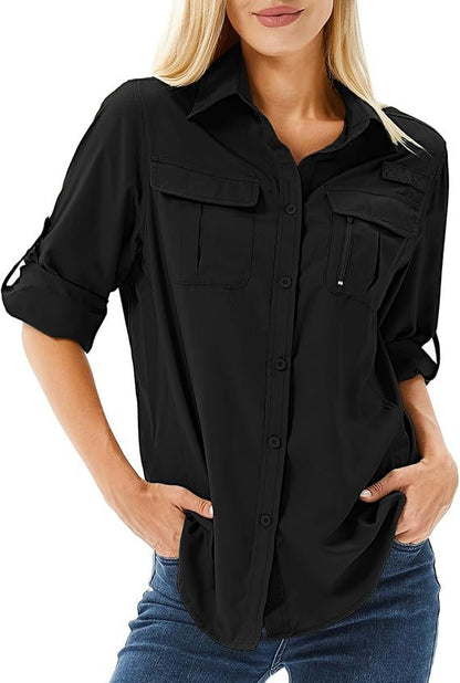 Casual Quick-drying Stretch Zipper And Lapel Pocket Women's Shirt