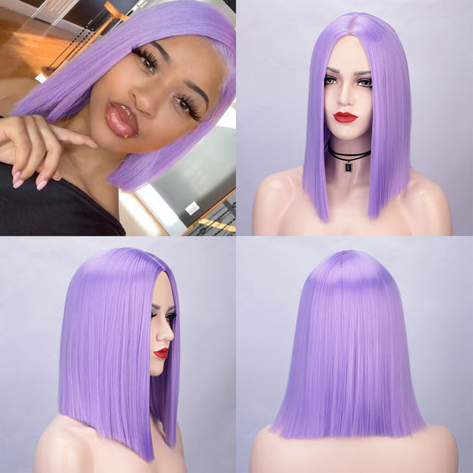 Purple Shoulder Length Bobo Straight Synthetic Fiber Wig Head Cover