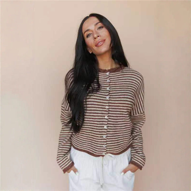 Women's Contrast Color Striped Casual Cardigan Slim Slimming Knitted Sweater