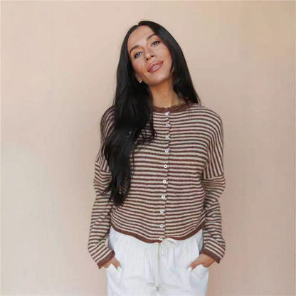 Women's Contrast Color Striped Casual Cardigan Slim Slimming Knitted Sweater