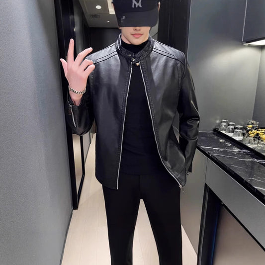 Spring And Autumn Men's Slim Leather Clothing With Stand Collar Jacket