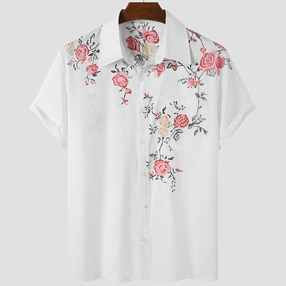 Summer New Men's Clothing Casual All-matching Fashion Trendy Printed Plant Pattern High Quality Short Sleeve Shirt