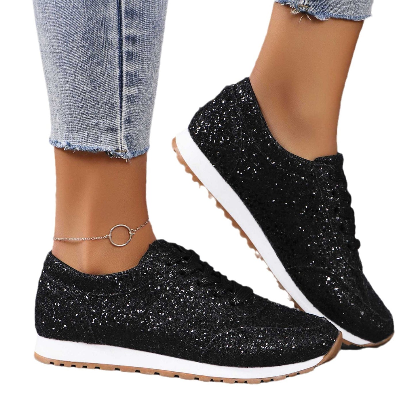 Beautiful Sequin Lace-up Flat Casual Sports Single-layer Shoes Women