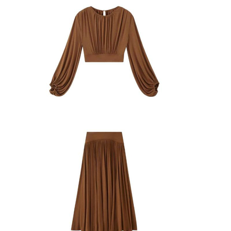 Batwing Sleeve Round Neck Top Pleating Split Skirt Suit