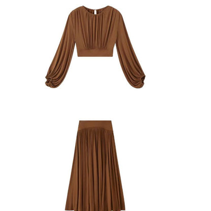 Batwing Sleeve Round Neck Top Pleating Split Skirt Suit