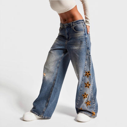 Women's Casual And Relaxed Embroidered High Waist Loose Jeans