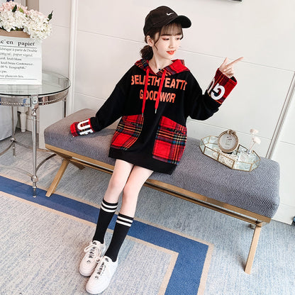 Plaid Stitching Hooded Sweater In The Big Kids Korean Letter Print Top