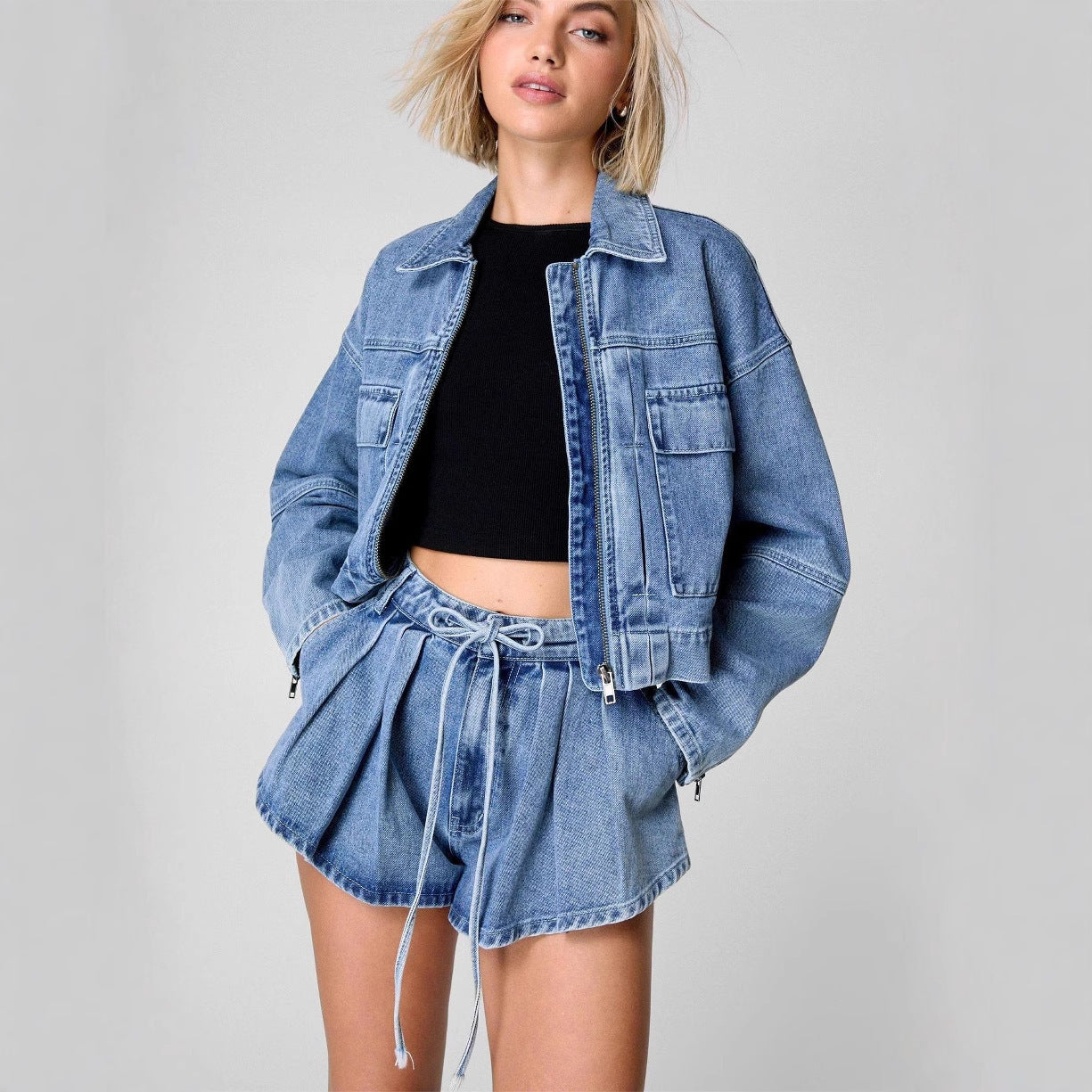 Tooling Style Denim Coat High Waist Loose And Slimming