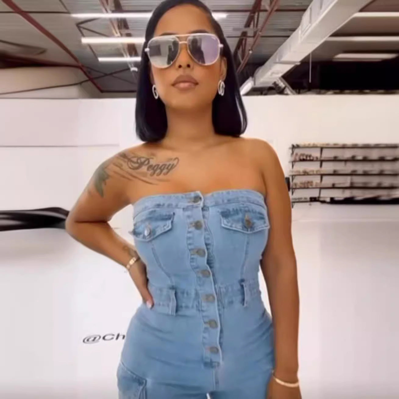 Tube Top Multi-pocket Workwear Jumpsuit Multi-button