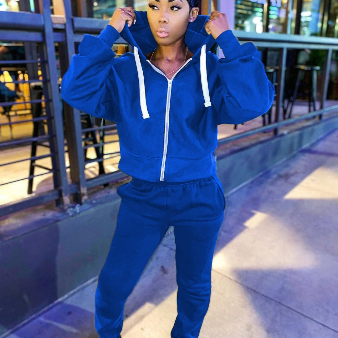 Women's Casual Solid Color Long-sleeved Trousers Two-piece Suit