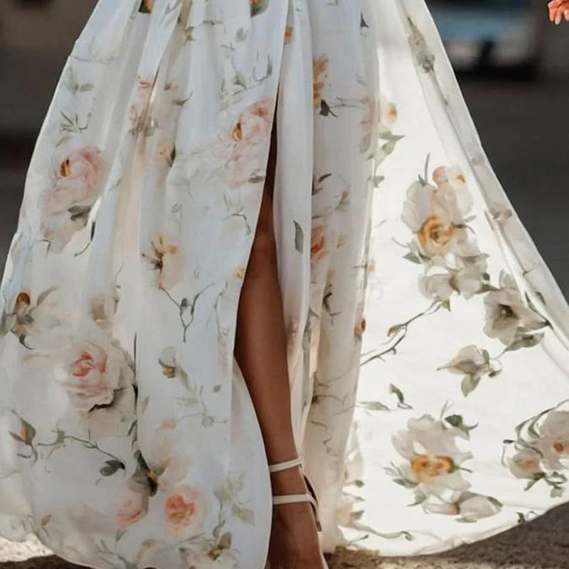 Women's Elegant V-Neck Floral Print Flare Sleeve Maxi Dress High Slit Hem Formal Evening Spring Fall Wedding Party Guest Dress