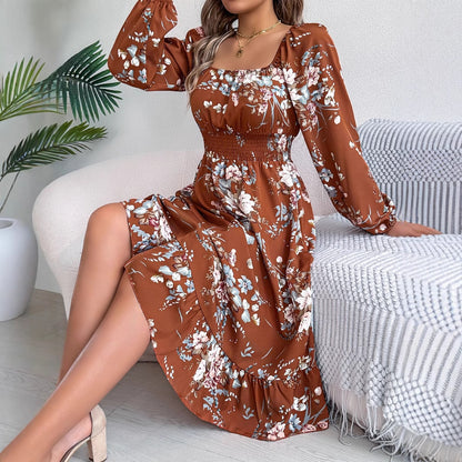 Elegant Flowers Square Collar Long Sleeve Waist Trimming Ruffles A- Line Skirt