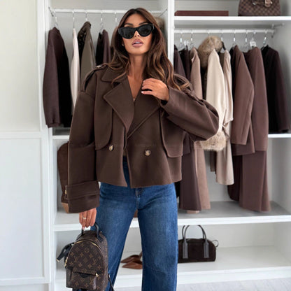 Women's Solid Color Long Sleeve Casual Short Woolen Coat
