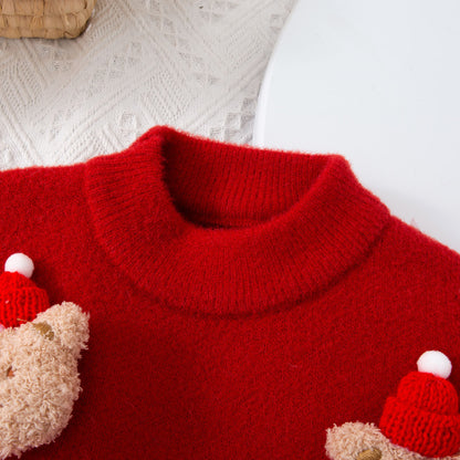 Christmas Red Round-neck Pullover Korean Velvet No Pilling Fleece-lined Kids' Sweater