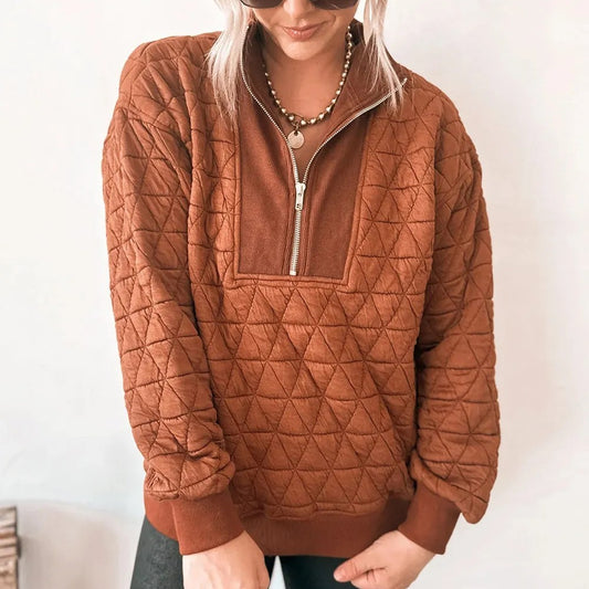 Straw Yellow Geometric Quilted Half Zipped Loose Sweatshirt