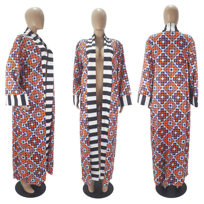 Women's Casual Fashion Striped Pattern Printed Long Sleeve Coat Dress