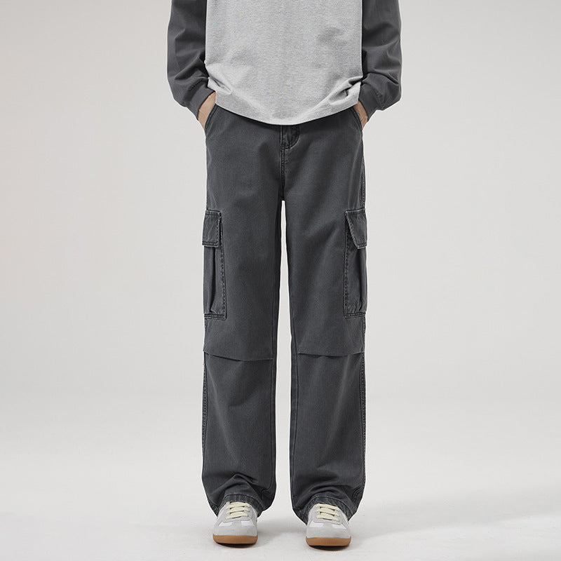 Men's Clothing Retro Washed Stonewashed Pure Cotton Casual Pants Straight Loose