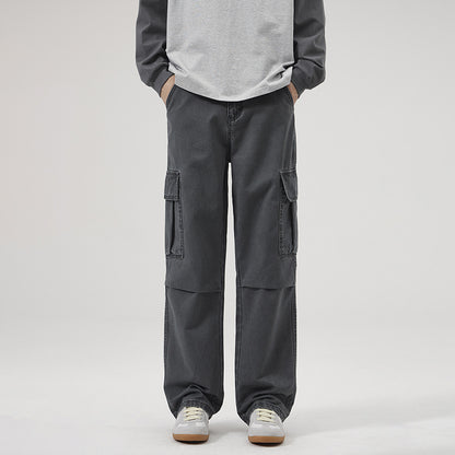 Men's Clothing Retro Washed Stonewashed Pure Cotton Casual Pants Straight Loose