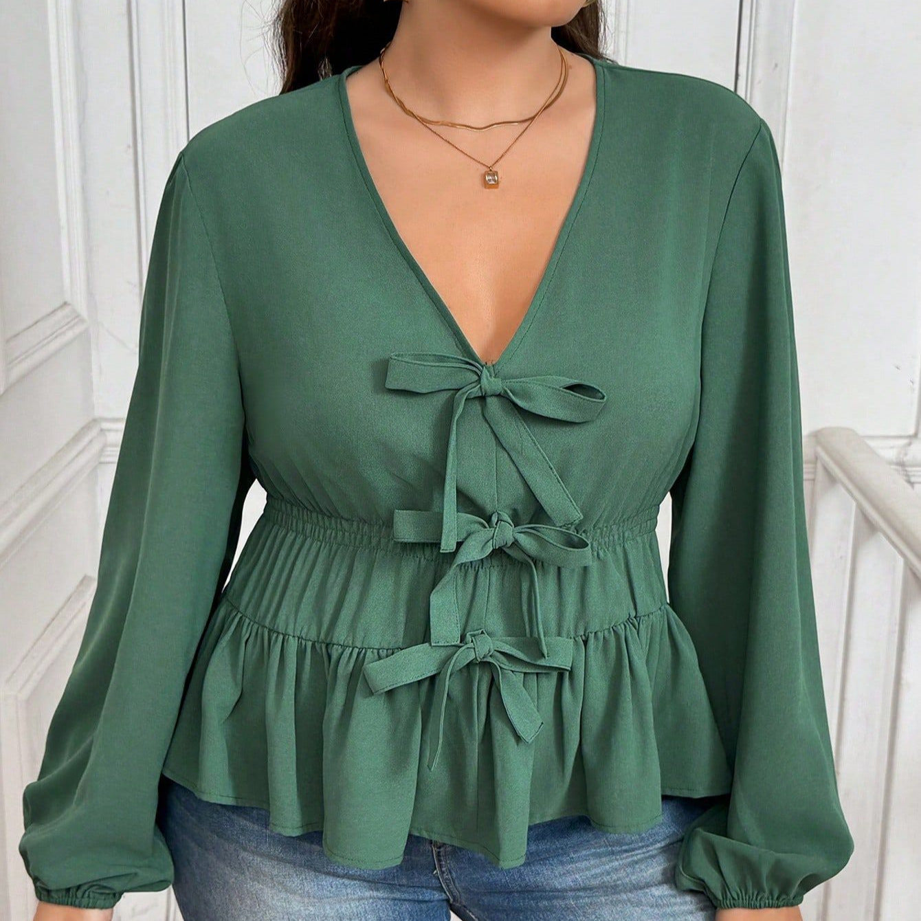 New V-neck Short Green Coat Bow Top