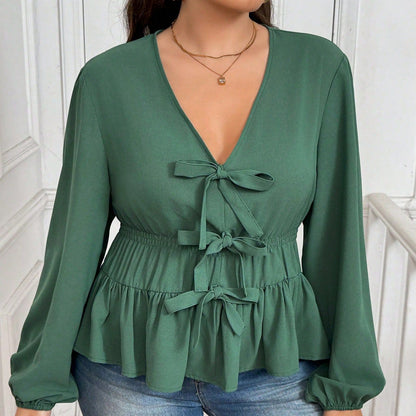 New V-neck Short Green Coat Bow Top