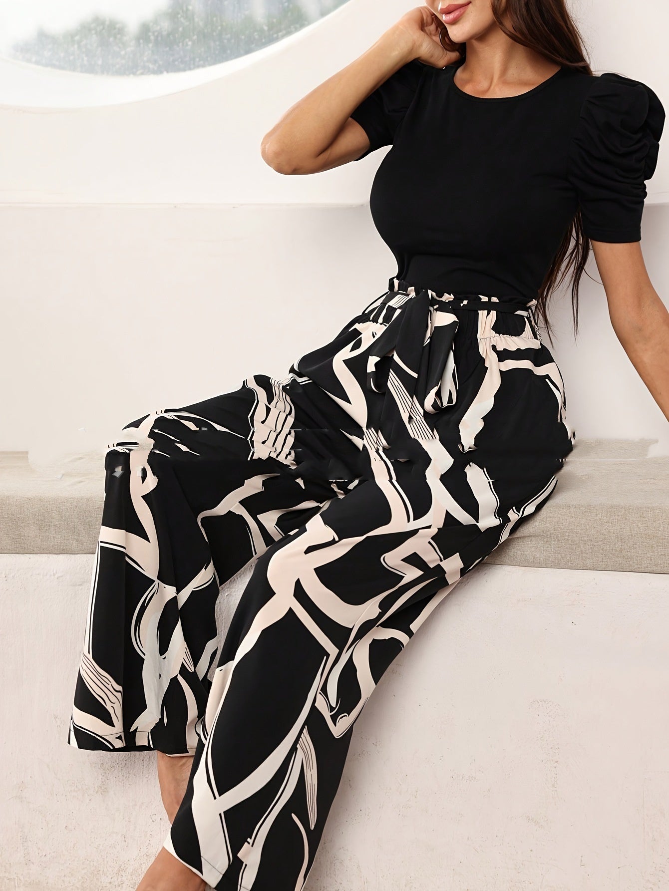 Fashion Jacquard Short-sleeved Top Printed Casual Wide-leg Pants Two-piece Set