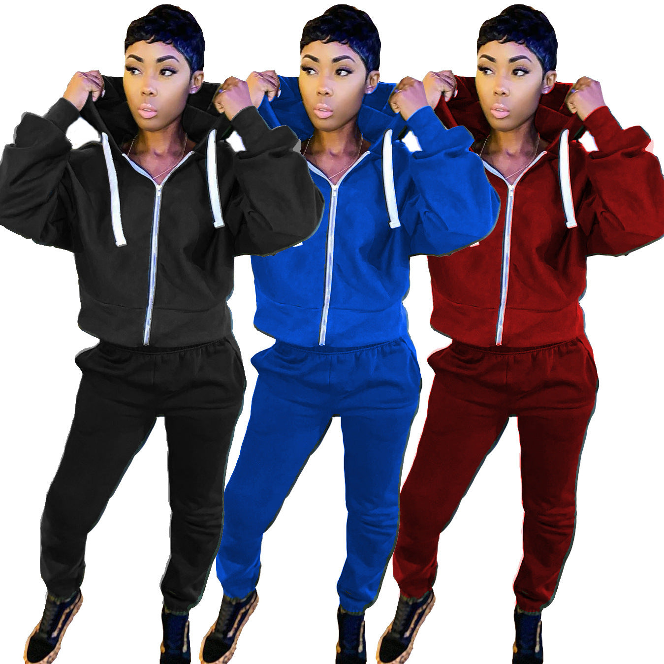 Women's Casual Solid Color Long-sleeved Trousers Two-piece Suit