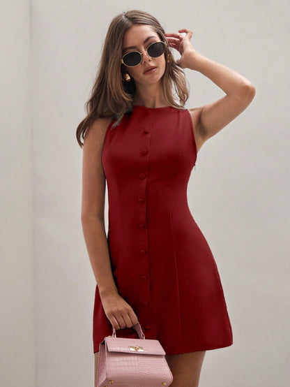 Women's Solid Color Temperament Breasted Sleeveless Dress