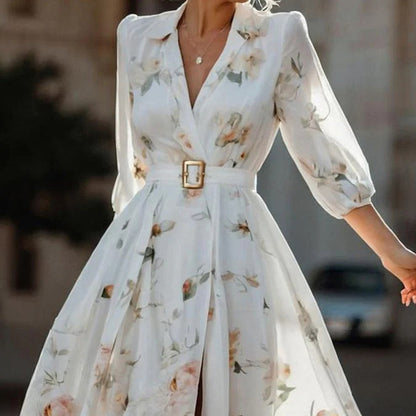 Women's Elegant V-Neck Floral Print Flare Sleeve Maxi Dress High Slit Hem Formal Evening Spring Fall Wedding Party Guest Dress